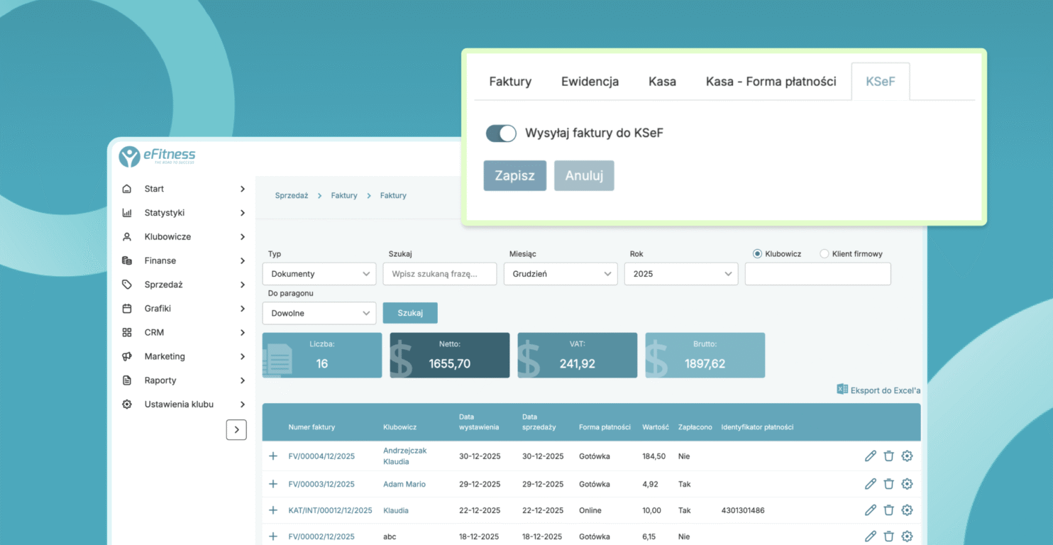 Panel sprzedaży eFitness - moduł faktur zintegrowany z KSeF w programie do obsługi siłowni